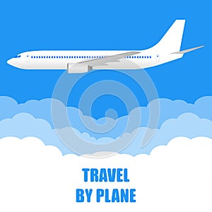 Travel by plane banner. White Airplane in the blue sky with clouds. Aircraft flight concept. Vector illustration